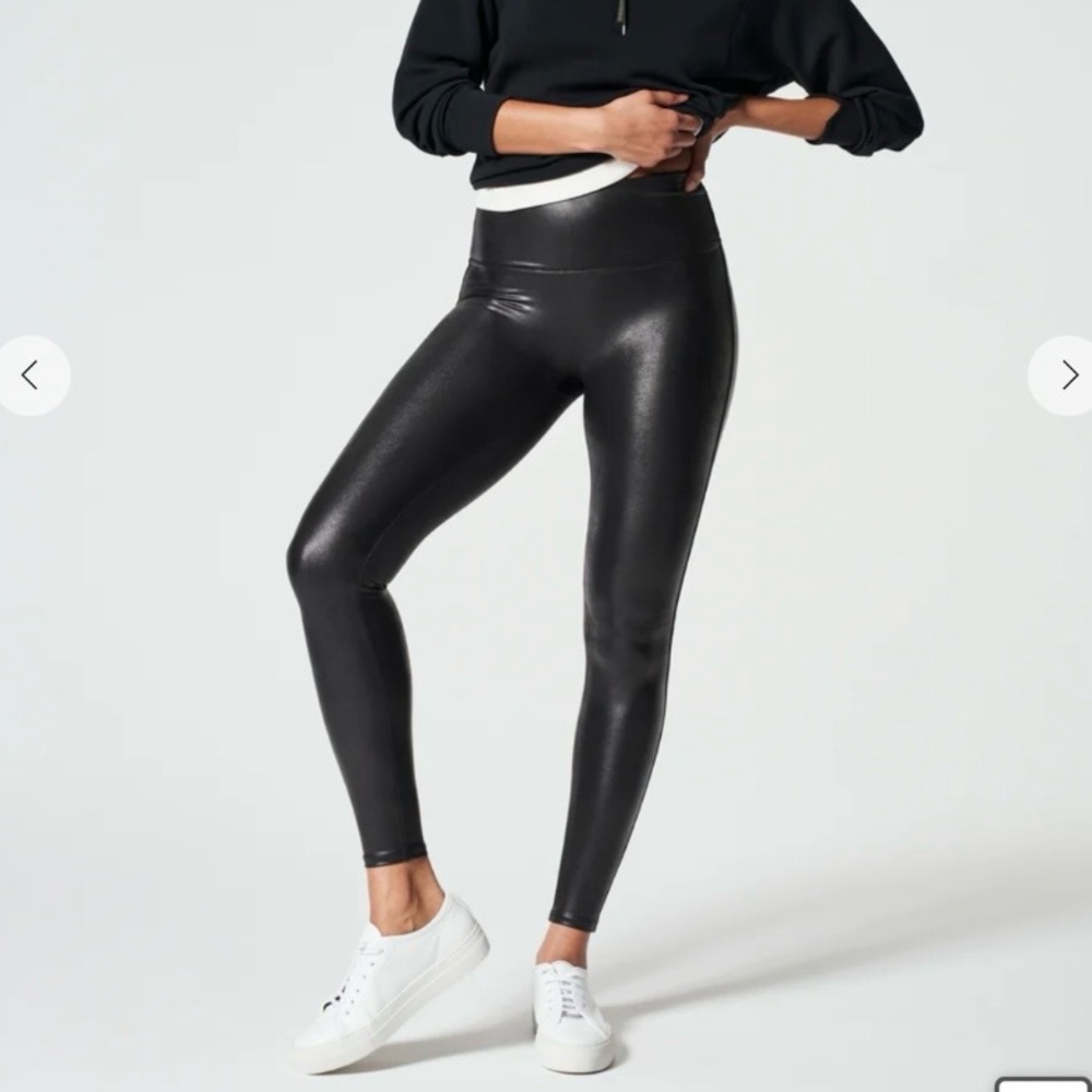 SPANX Shiny Black Faux Leather Shape Leggings, Size M / Medium